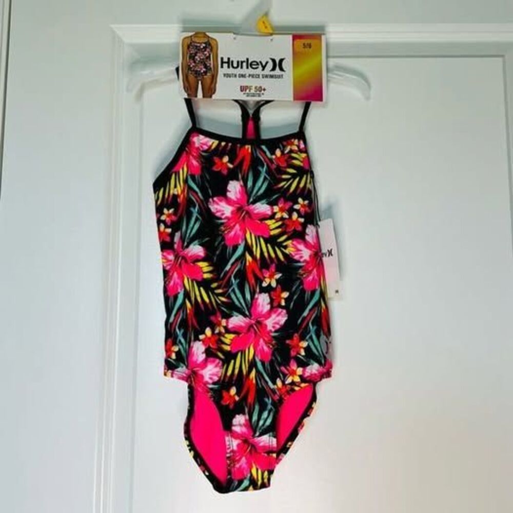 Hurley Girls One Piece Black & Pink Floral Swimsuit 5/6